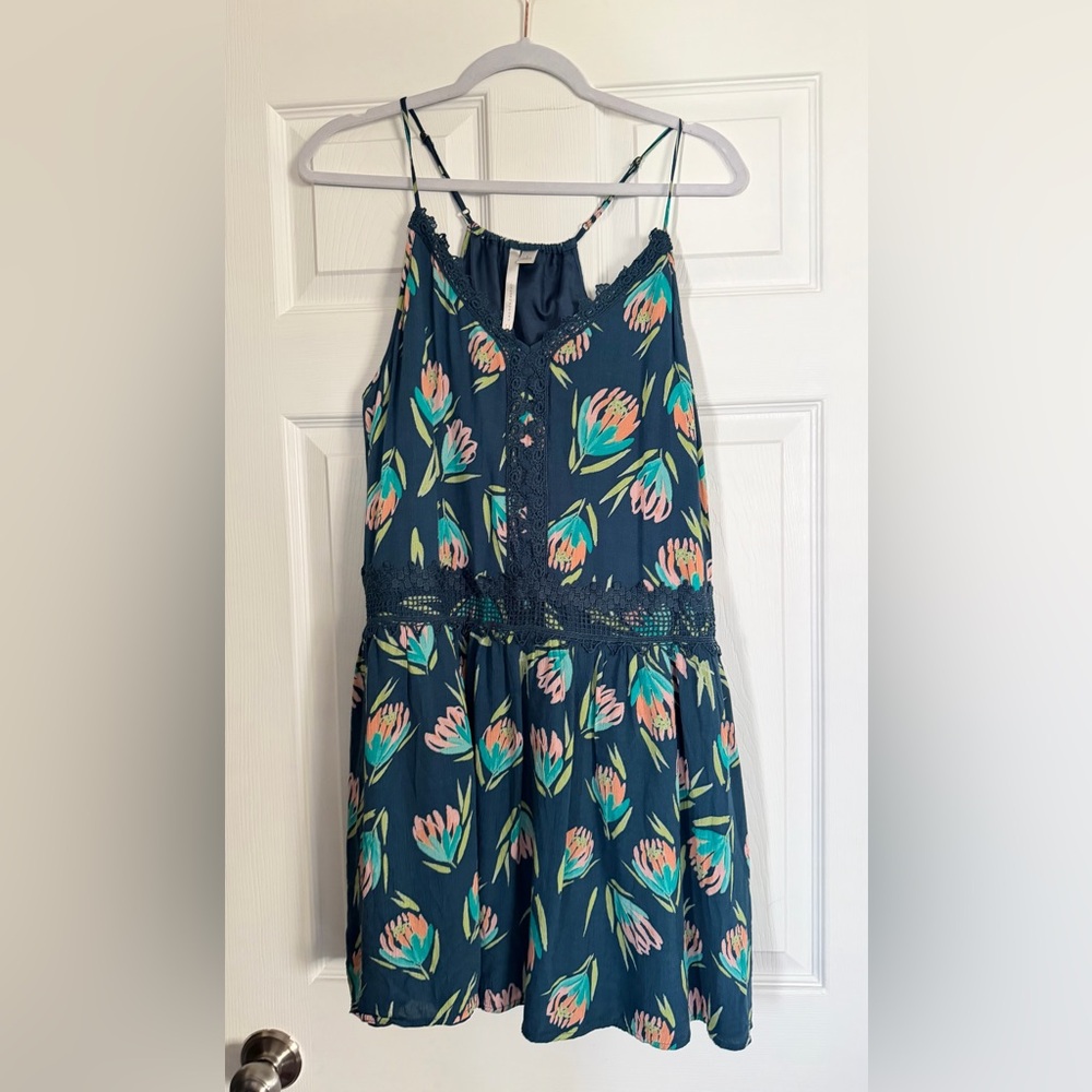 Hunter green  Floral Crochet-Trim Mini Dress - Pink & Teal Print